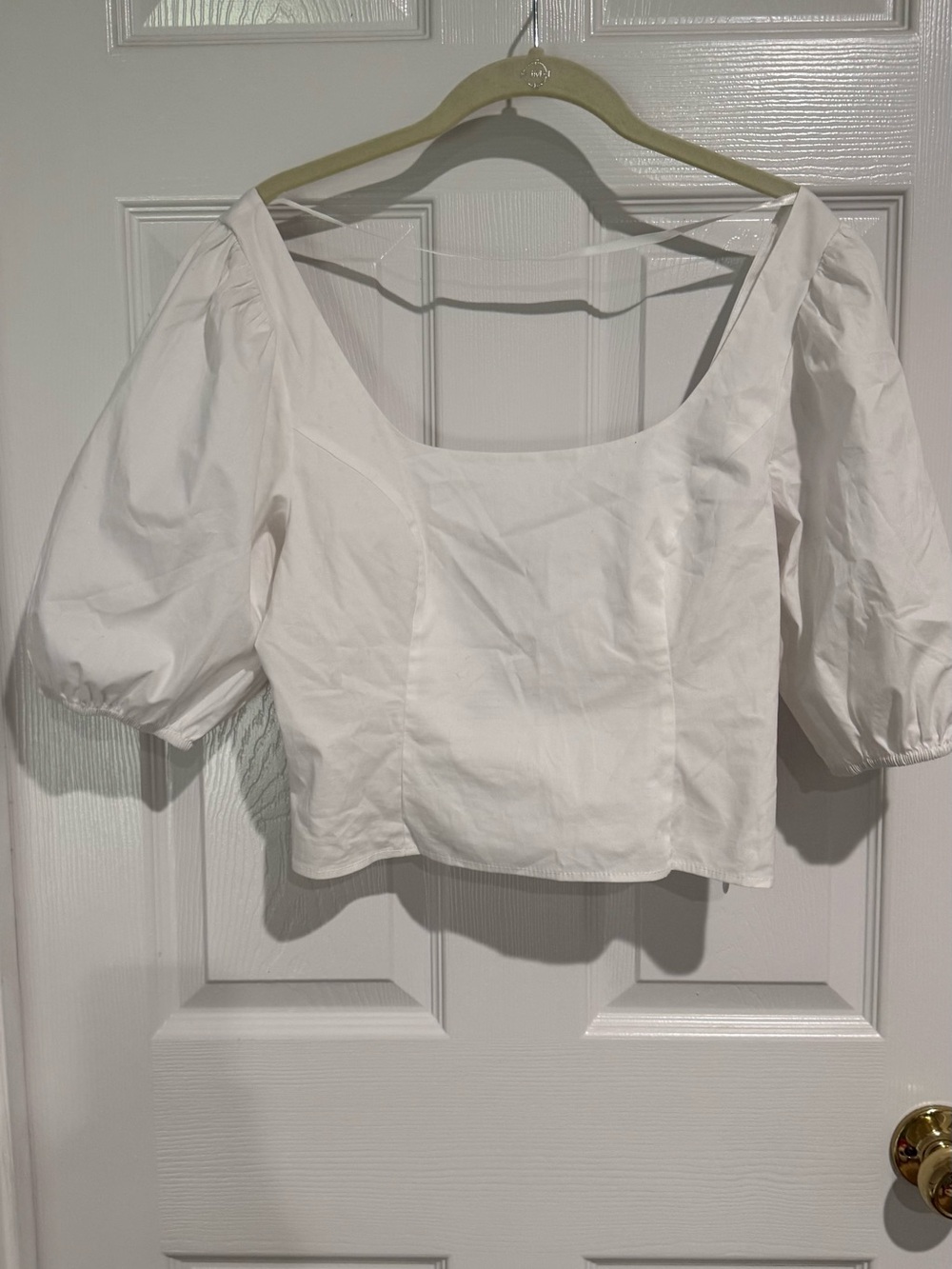 STAUD White Square Neck Puff Sleeve Crop Top